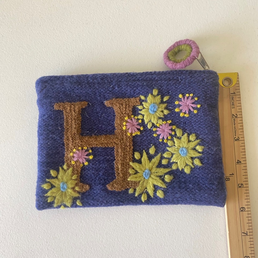Jenny Krauss Wool Coin Purse H Floral Embroidered Handmade Peru Boho Artsy - Picture 7 of 7